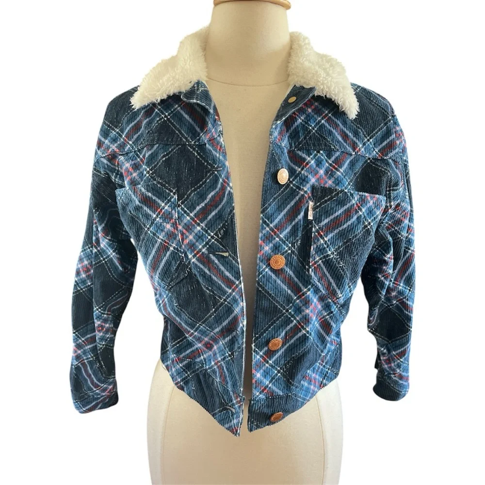 Levi Strauss Co Blue Red Plaid Lightweight Corduroy Jacket Sherpa collar 12yrs.